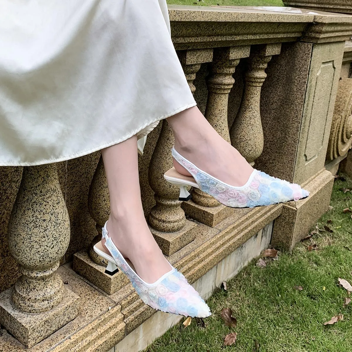 Elegant Lace Kitten Heels for Women - Slingback Pointed Toe Floral Mesh Dress Shoes - Low Heel Formal Wedding Guest Party Sandals