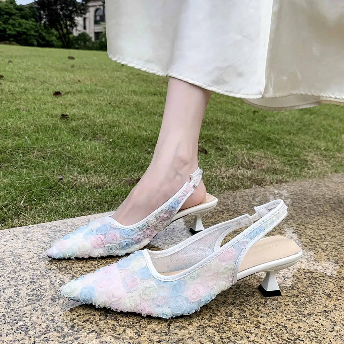 Elegant Lace Kitten Heels for Women - Slingback Pointed Toe Floral Mesh Dress Shoes - Low Heel Formal Wedding Guest Party Sandals