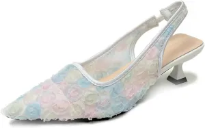 Elegant Lace Kitten Heels for Women - Slingback Pointed Toe Floral Mesh Dress Shoes - Low Heel Formal Wedding Guest Party Sandals