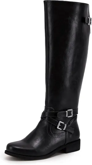 Ermonn Womens Knee High Boots Wide Calf Flat Low Heel Side Zipper Faux Leather Fashion Winter Riding Boot