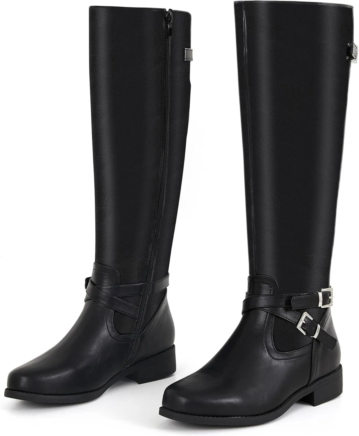 Ermonn Womens Knee High Boots Wide Calf Flat Low Heel Side Zipper Faux Leather Fashion Winter Riding Boot