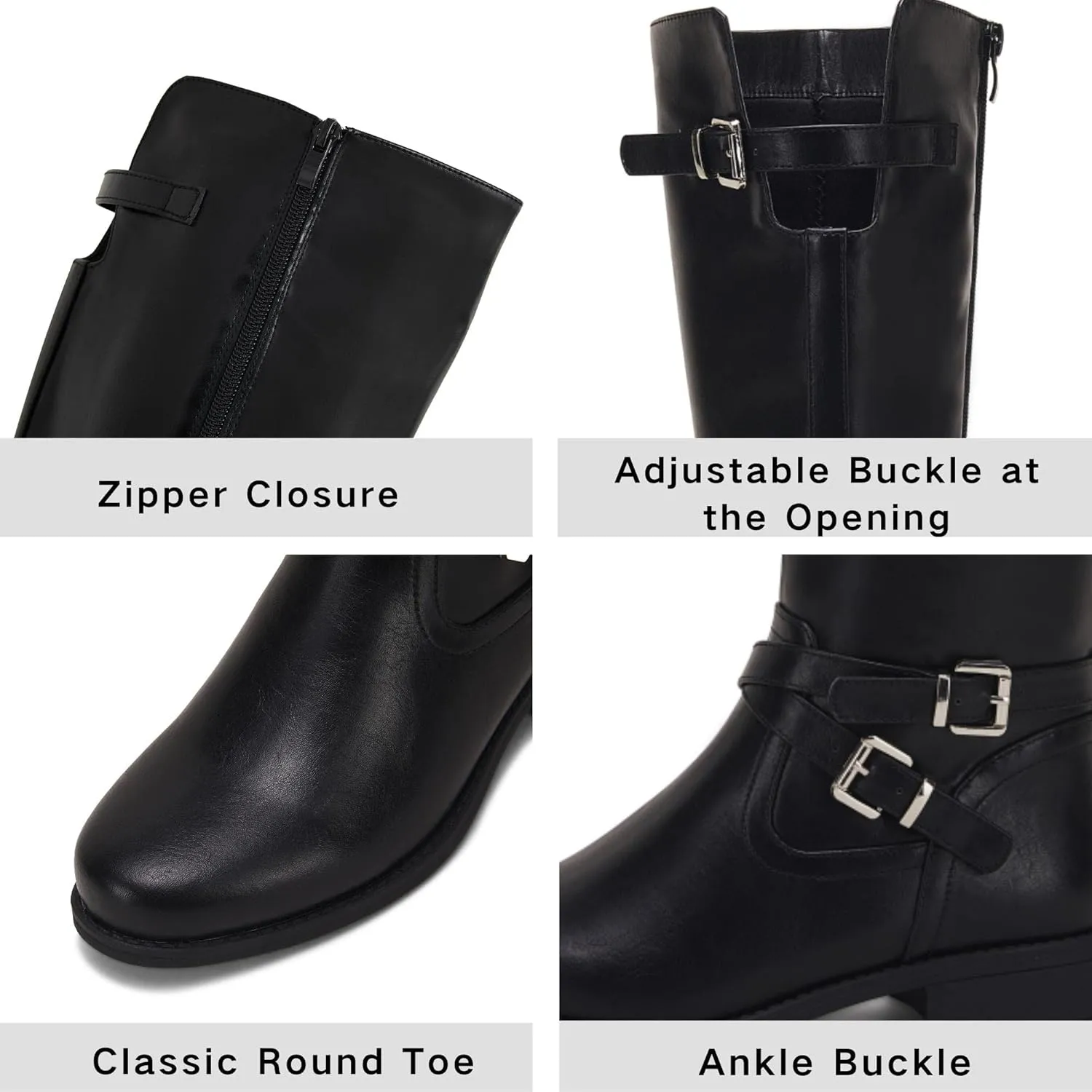 Ermonn Womens Knee High Boots Wide Calf Flat Low Heel Side Zipper Faux Leather Fashion Winter Riding Boot
