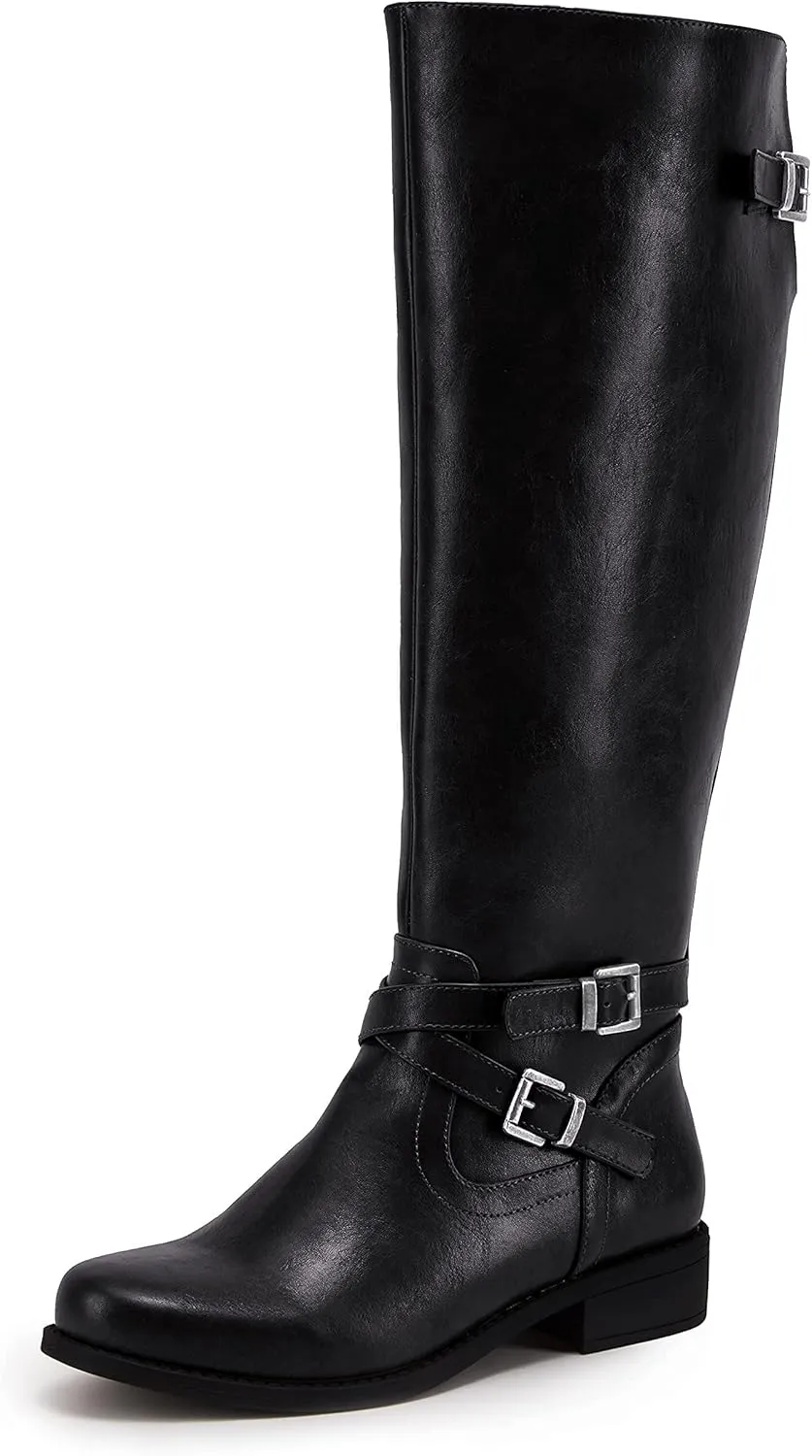 Ermonn Womens Knee High Boots Wide Calf Flat Low Heel Side Zipper Faux Leather Fashion Winter Riding Boot