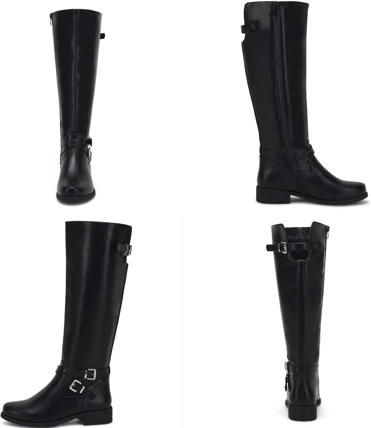 Ermonn Womens Knee High Boots Wide Calf Flat Low Heel Side Zipper Faux Leather Fashion Winter Riding Boot
