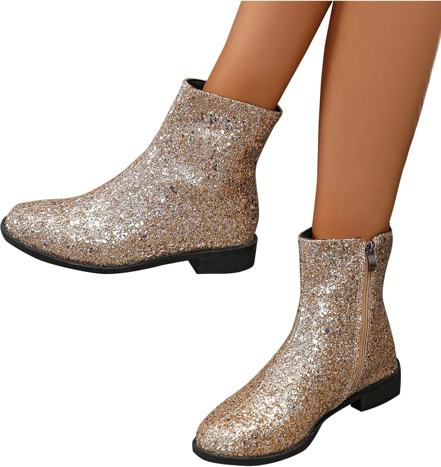 Fashion Glitter Ankle Boots Women Sparkly Zipper Low Heel Booties Shoes Round Toe Sequin Short Boot Mid Calf Bootie Wide Width Booties For Women Todays Deals In Clearance
