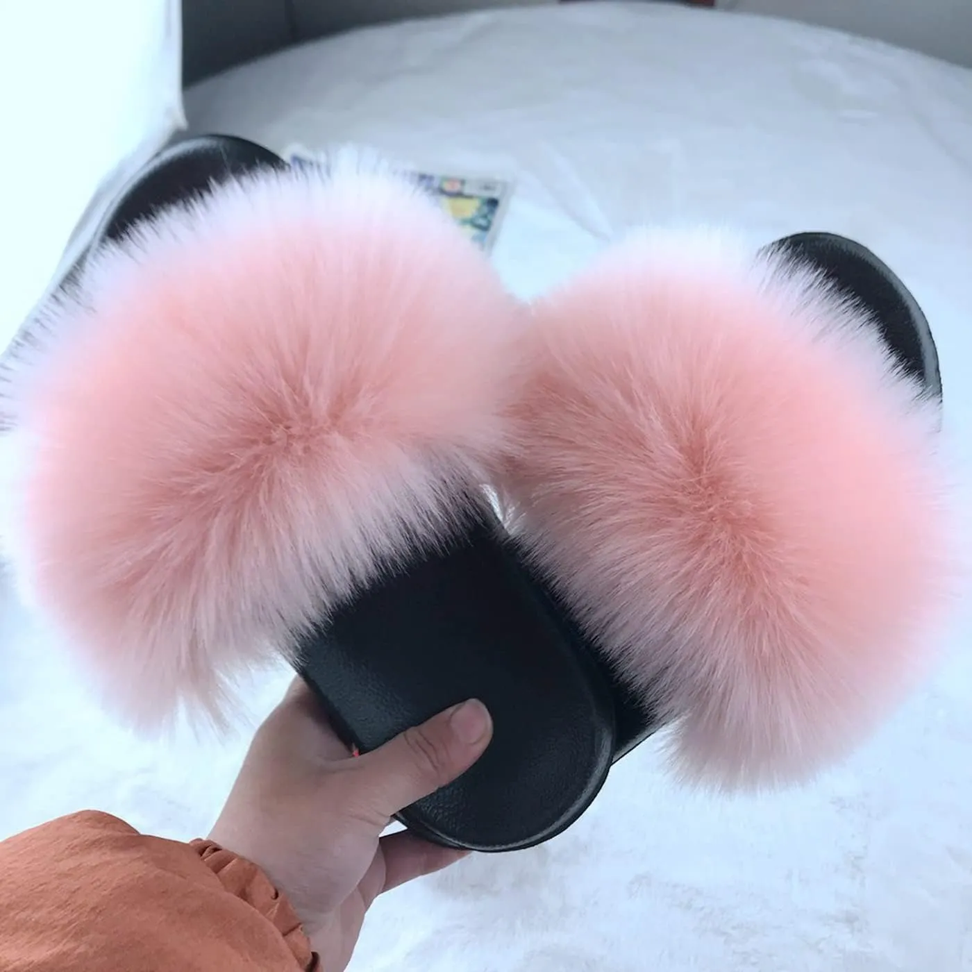 Fashion Women's Fur Flats slides sandals Slippers Furry Fuzzy Cozy Open Toe Fluffy Slides Slippers Fur Feather Slip On Shoes