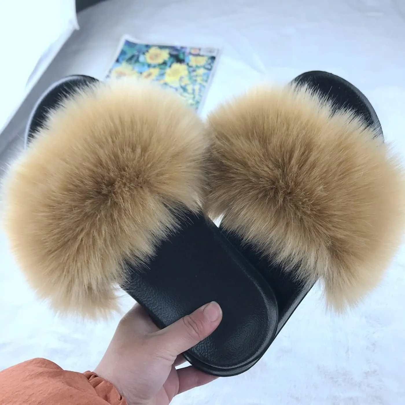Fashion Women's Fur Flats slides sandals Slippers Furry Fuzzy Cozy Open Toe Fluffy Slides Slippers Fur Feather Slip On Shoes