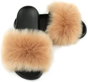 Fashion Women's Fur Flats slides sandals Slippers Furry Fuzzy Cozy Open Toe Fluffy Slides Slippers Fur Feather Slip On Shoes