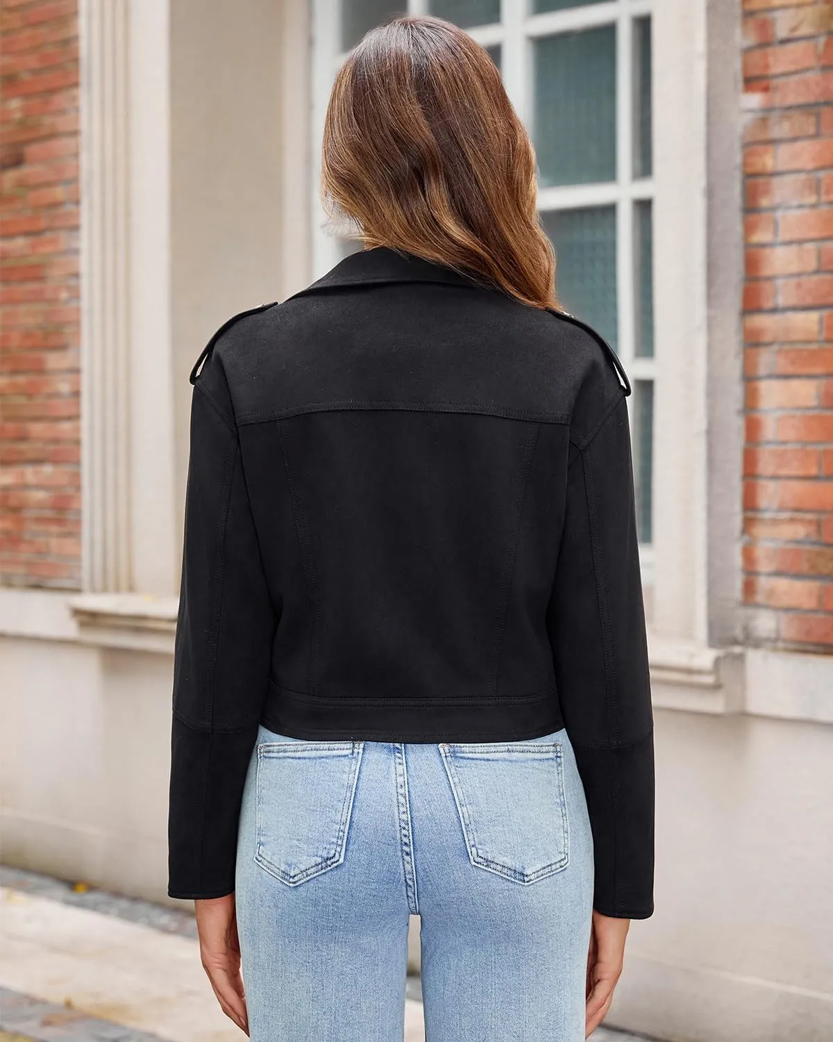 Faux Suede Leather Jacket For Women Moto Biker Coat With Pocket Slim Zip Up Motorcycle Outwear