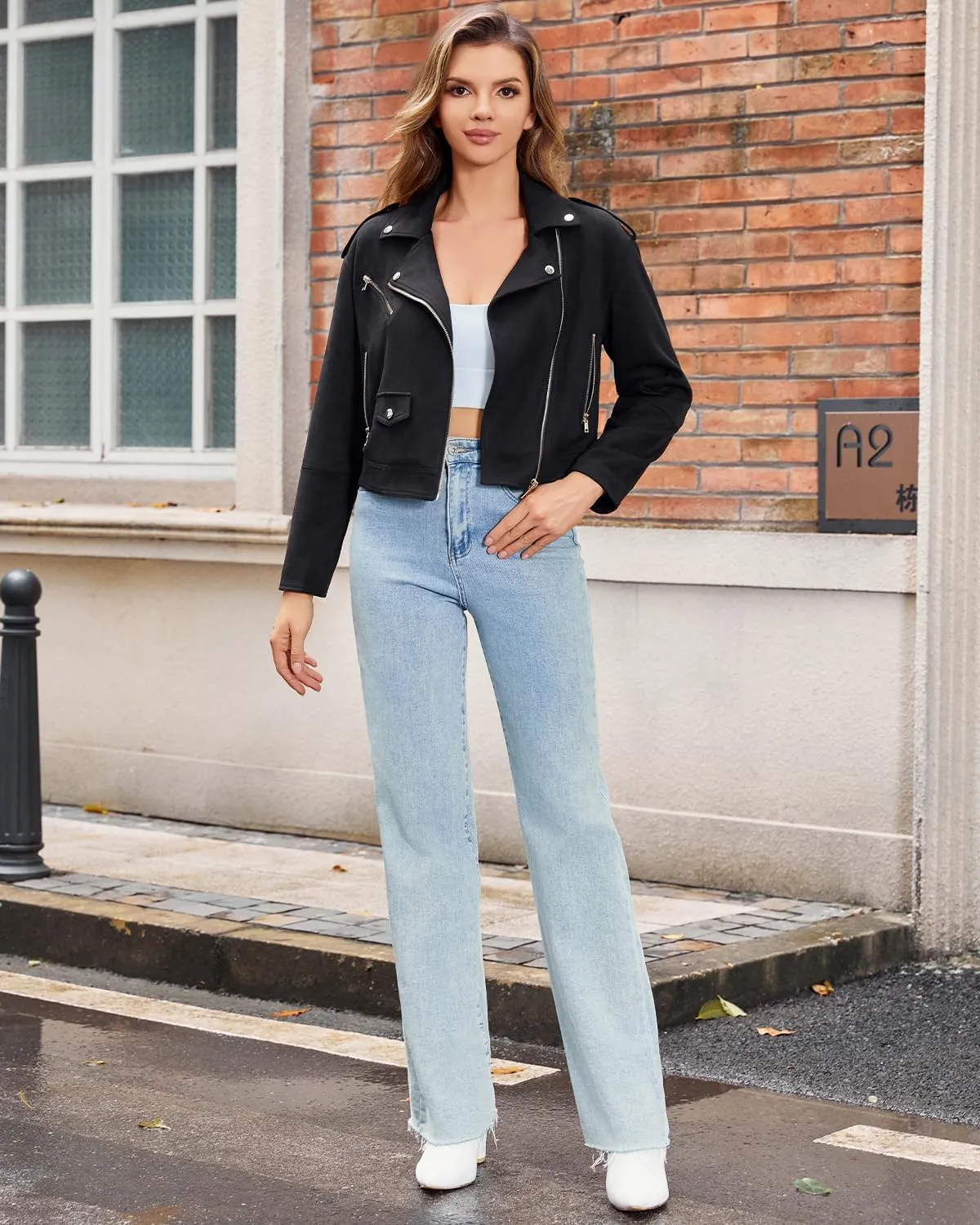 Faux Suede Leather Jacket For Women Moto Biker Coat With Pocket Slim Zip Up Motorcycle Outwear
