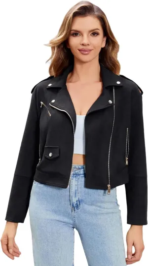 Faux Suede Leather Jacket For Women Moto Biker Coat With Pocket Slim Zip Up Motorcycle Outwear