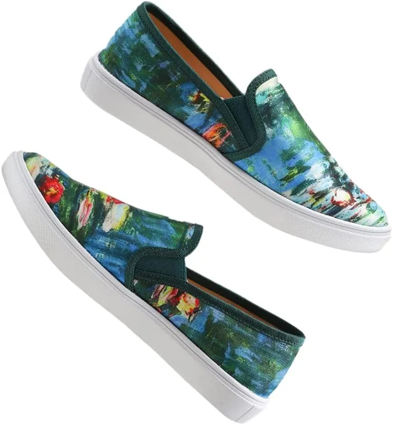 FEVERSOLE Women's Fashion Art Asymmetric Painted Casual Slip On Loafers Canvas Travel Sneakers