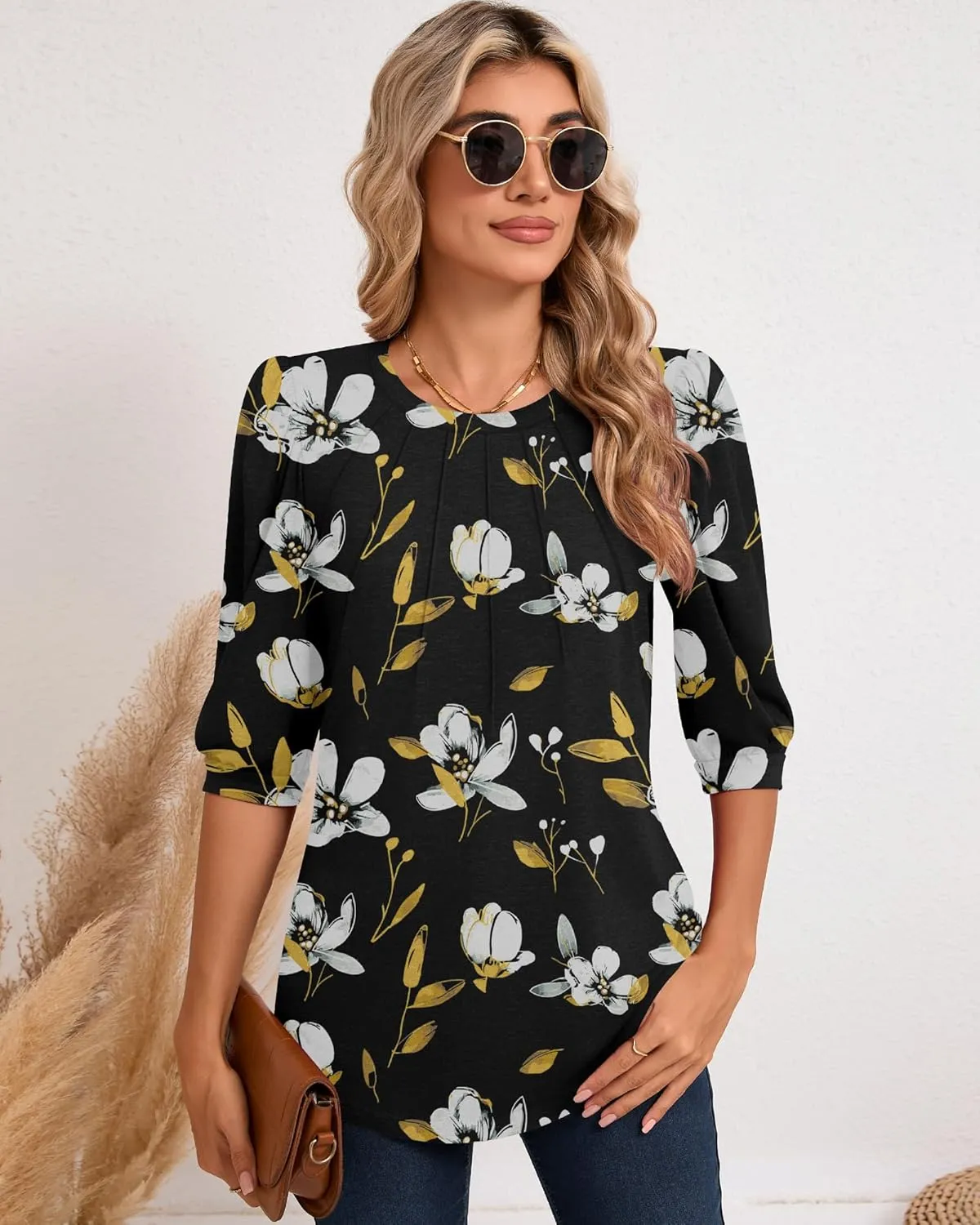 Ficerd Womens Puff 3/4 Sleeve Tunic Tops Crew Neck Floral Pleated Blouses Dressy Casual Loose Fit Shirts