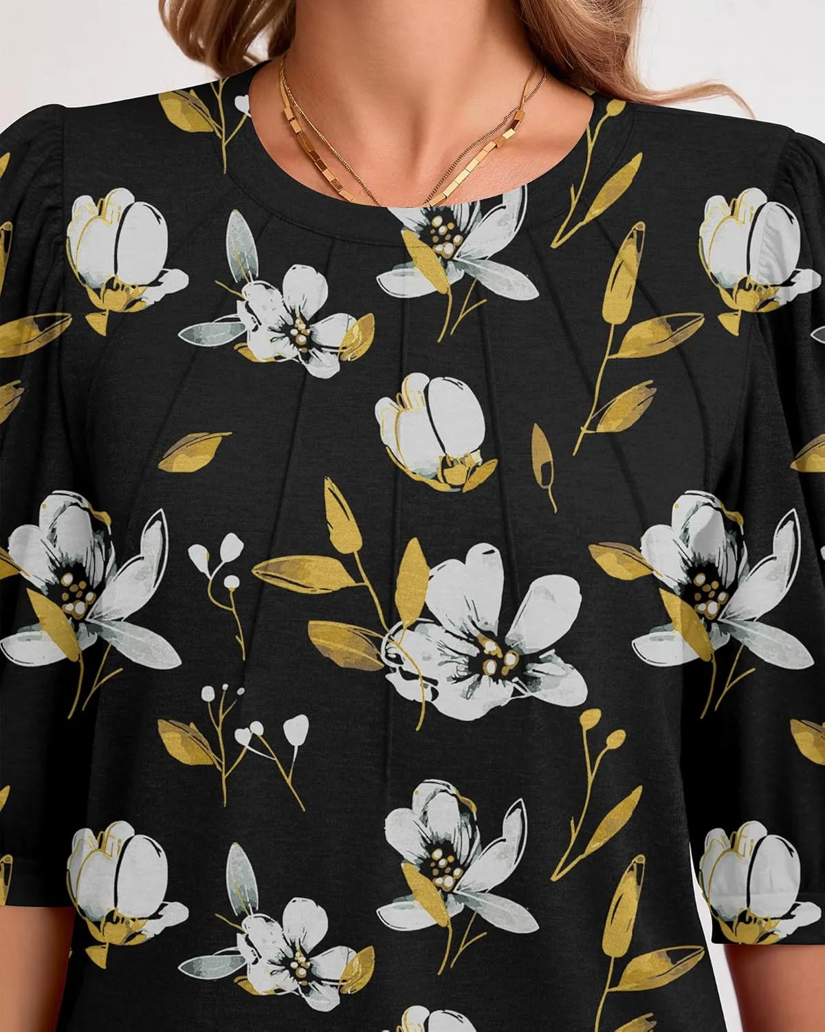 Ficerd Womens Puff 3/4 Sleeve Tunic Tops Crew Neck Floral Pleated Blouses Dressy Casual Loose Fit Shirts