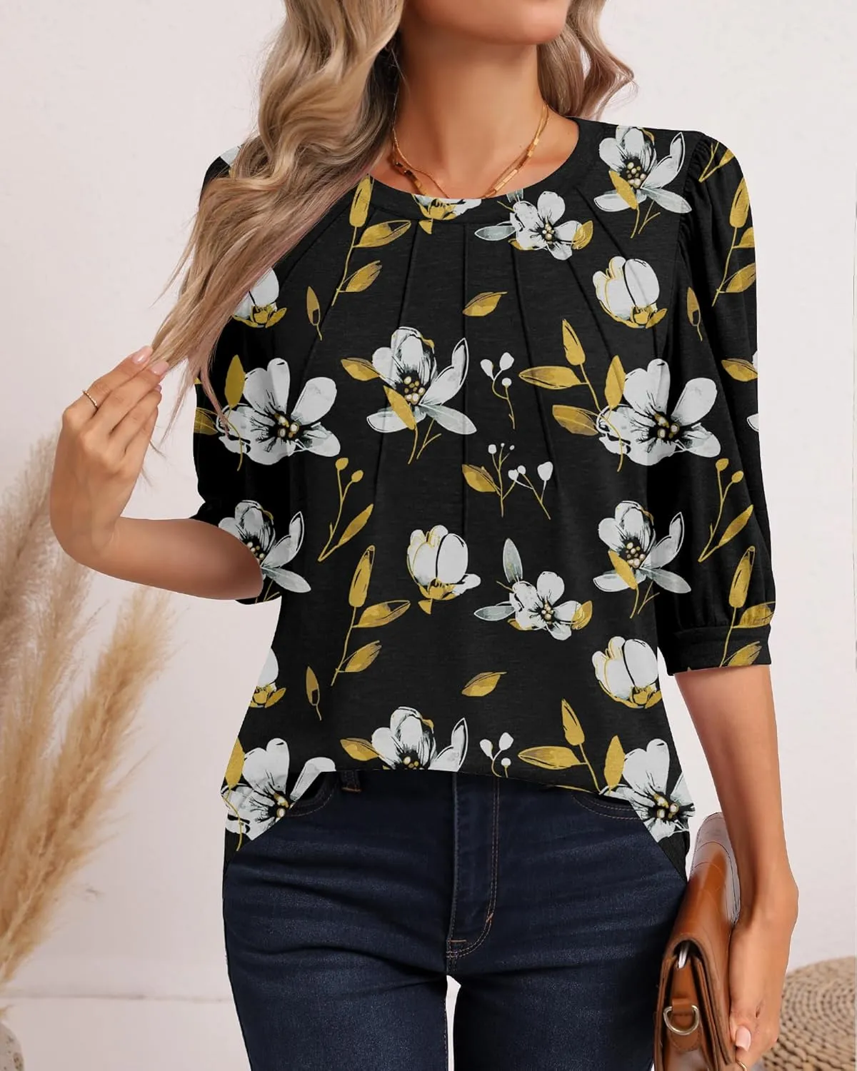 Ficerd Womens Puff 3/4 Sleeve Tunic Tops Crew Neck Floral Pleated Blouses Dressy Casual Loose Fit Shirts