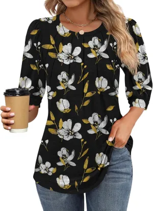 Ficerd Womens Puff 3/4 Sleeve Tunic Tops Crew Neck Floral Pleated Blouses Dressy Casual Loose Fit Shirts