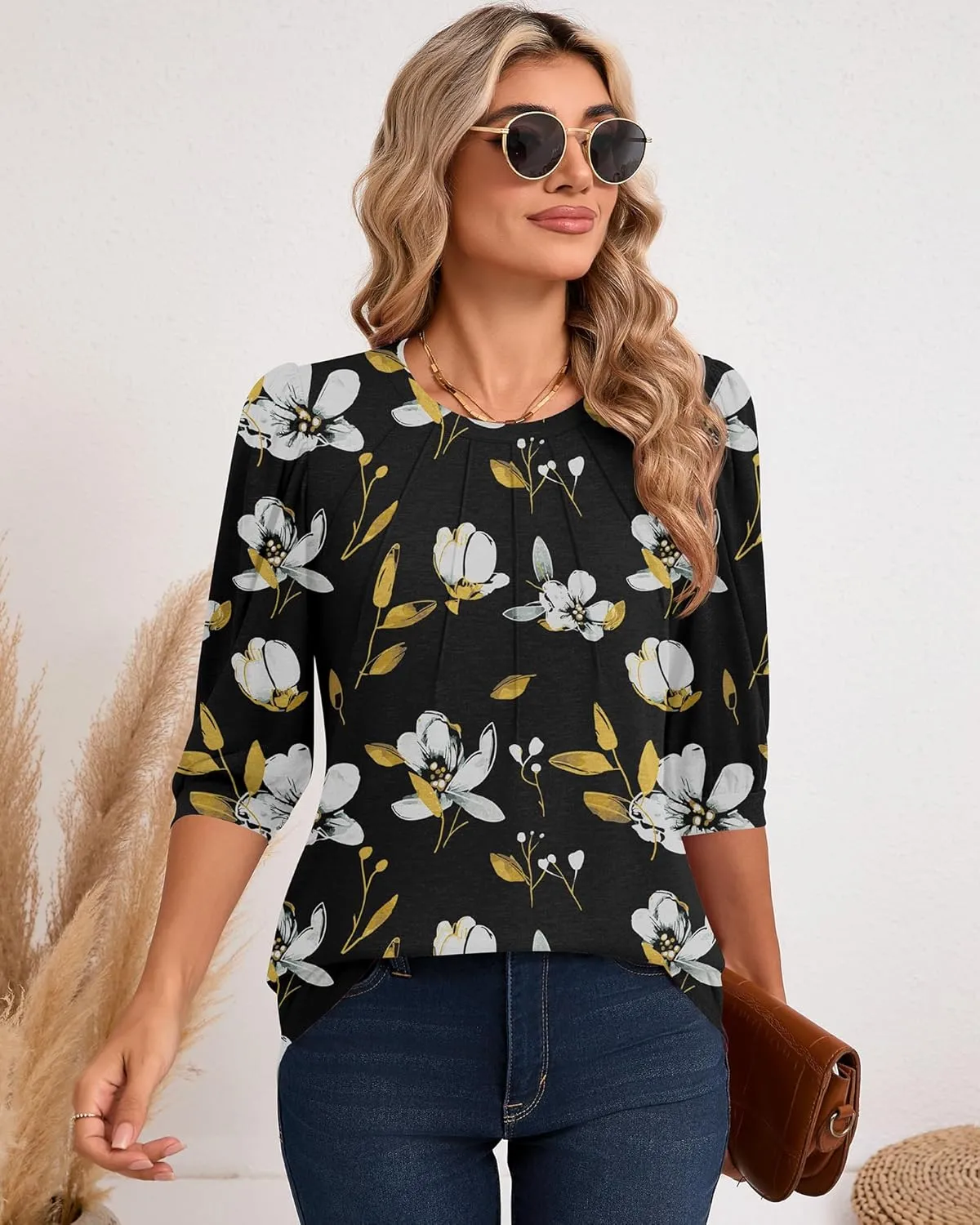 Ficerd Womens Puff 3/4 Sleeve Tunic Tops Crew Neck Floral Pleated Blouses Dressy Casual Loose Fit Shirts