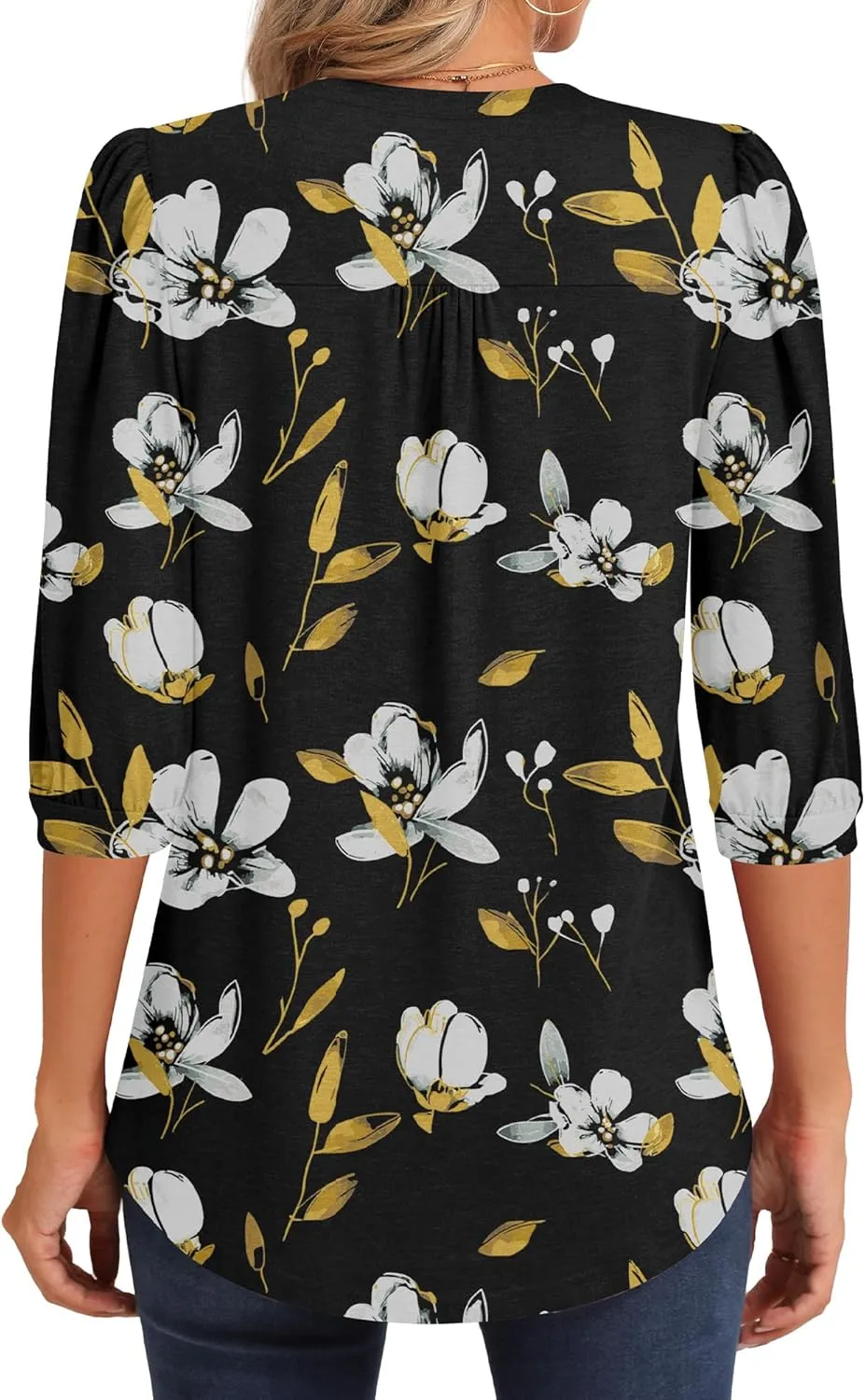 Ficerd Womens Puff 3/4 Sleeve Tunic Tops Crew Neck Floral Pleated Blouses Dressy Casual Loose Fit Shirts