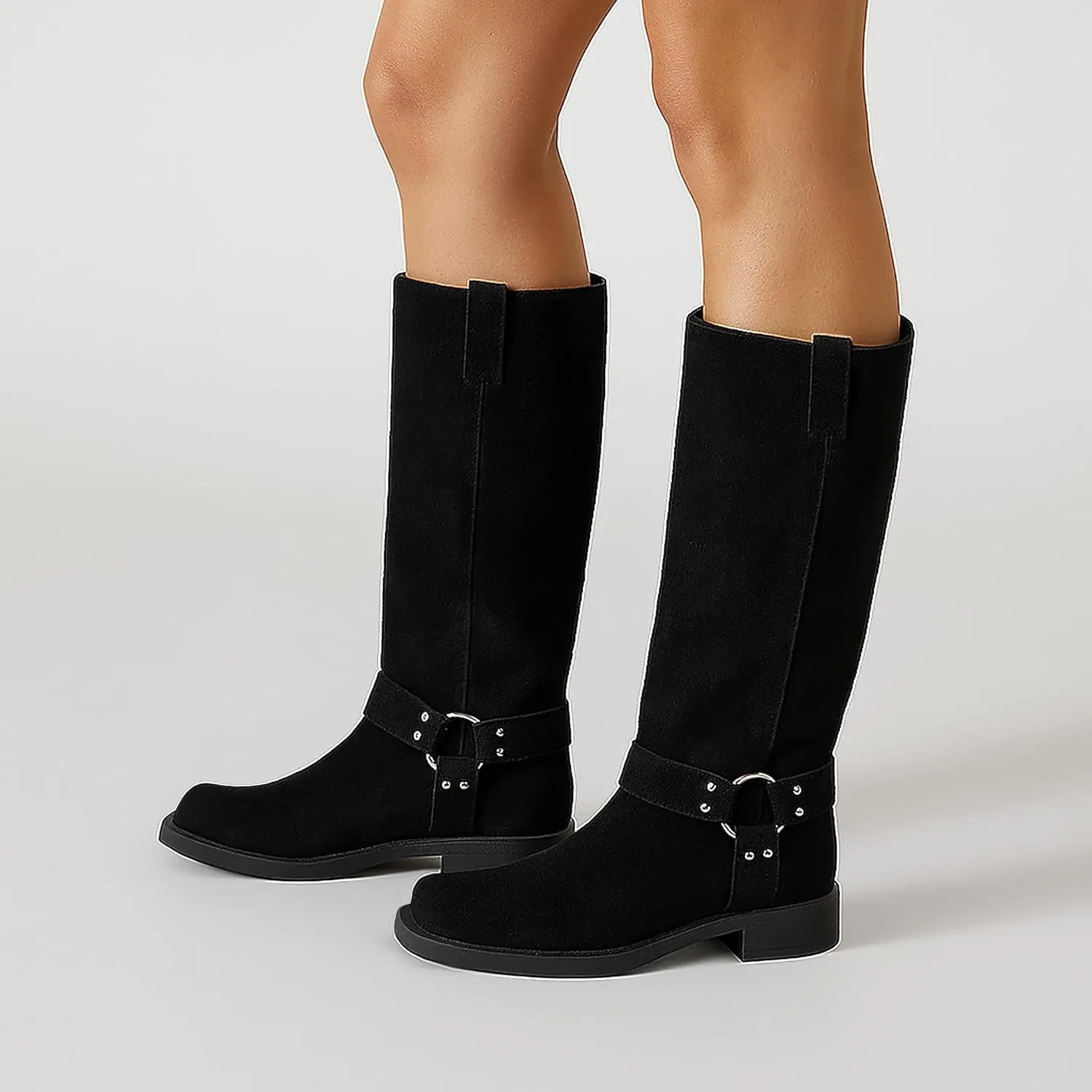 FIFSY Women's Knee High Boots Slip On Riding Boots Buckle Boots for Women Sexy Squared Toe Low Chunky High Heel Tall Motorcycle Boots Women's Low Heel 1-2" Boots Dance Party Booties
