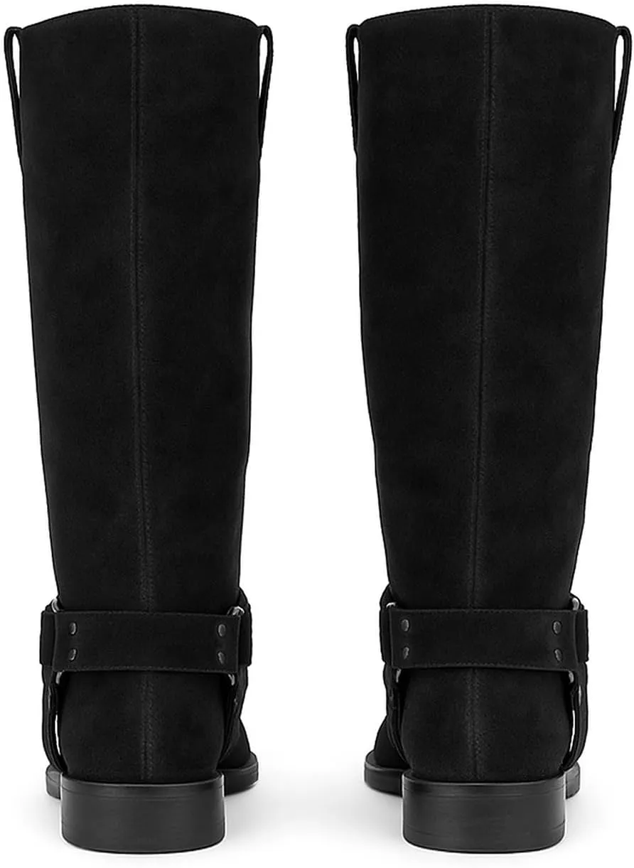FIFSY Women's Knee High Boots Slip On Riding Boots Buckle Boots for Women Sexy Squared Toe Low Chunky High Heel Tall Motorcycle Boots Women's Low Heel 1-2" Boots Dance Party Booties