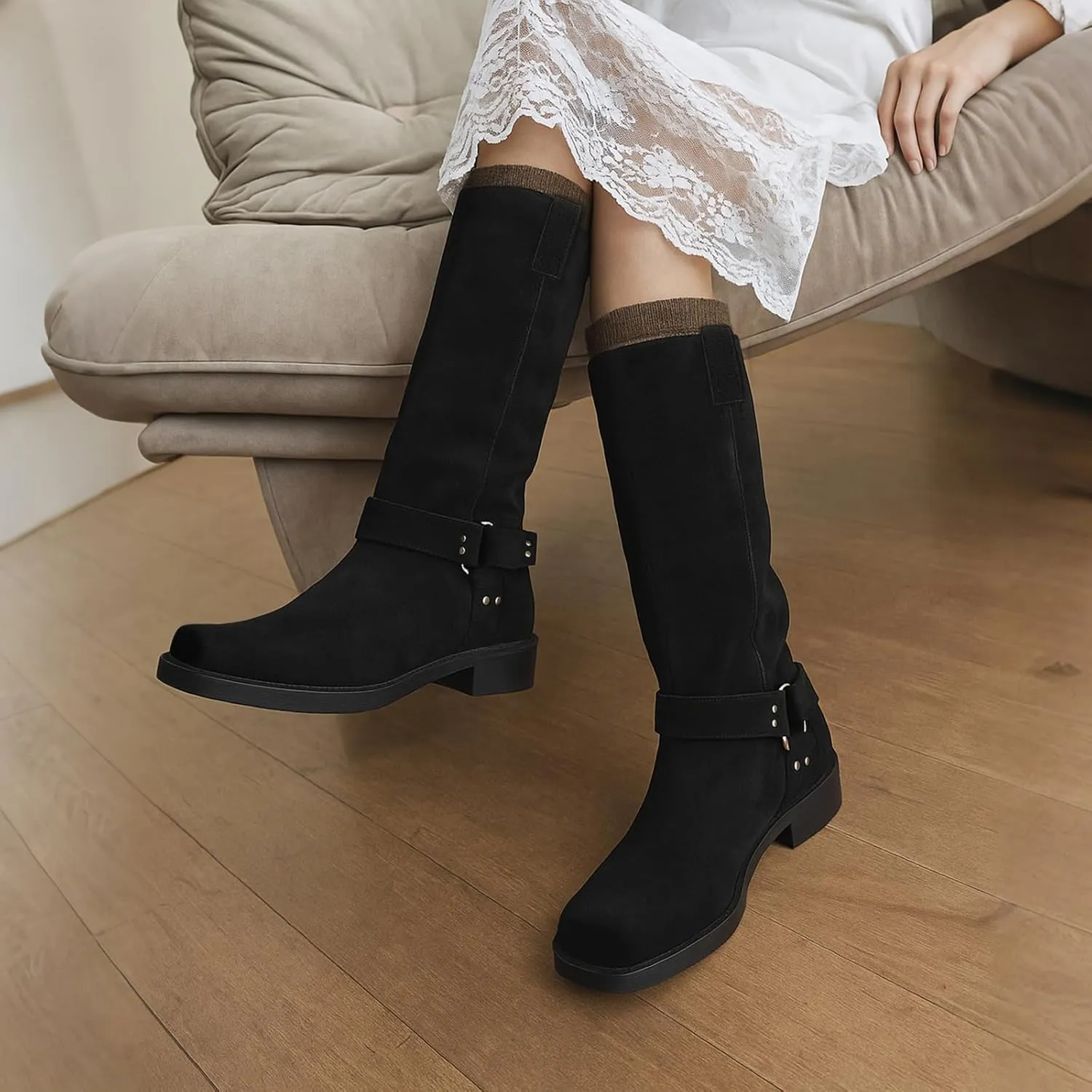 FIFSY Women's Knee High Boots Slip On Riding Boots Buckle Boots for Women Sexy Squared Toe Low Chunky High Heel Tall Motorcycle Boots Women's Low Heel 1-2" Boots Dance Party Booties