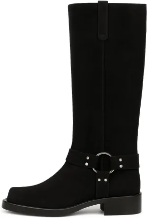 FIFSY Women's Knee High Boots Slip On Riding Boots Buckle Boots for Women Sexy Squared Toe Low Chunky High Heel Tall Motorcycle Boots Women's Low Heel 1-2" Boots Dance Party Booties