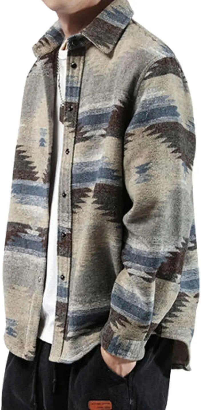 FindThy Men’s Brushed Flannel Shirts Ethnic Aztec Print Button Up Lapel Tribal Shirt Jacket Shacket