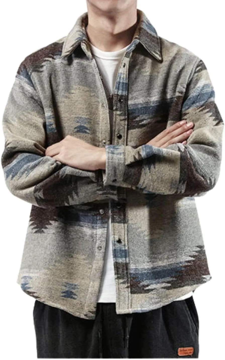 FindThy Men’s Brushed Flannel Shirts Ethnic Aztec Print Button Up Lapel Tribal Shirt Jacket Shacket