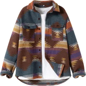 FindThy Men’s Brushed Flannel Shirts Ethnic Aztec Print Button Up Lapel Tribal Shirt Jacket Shacket