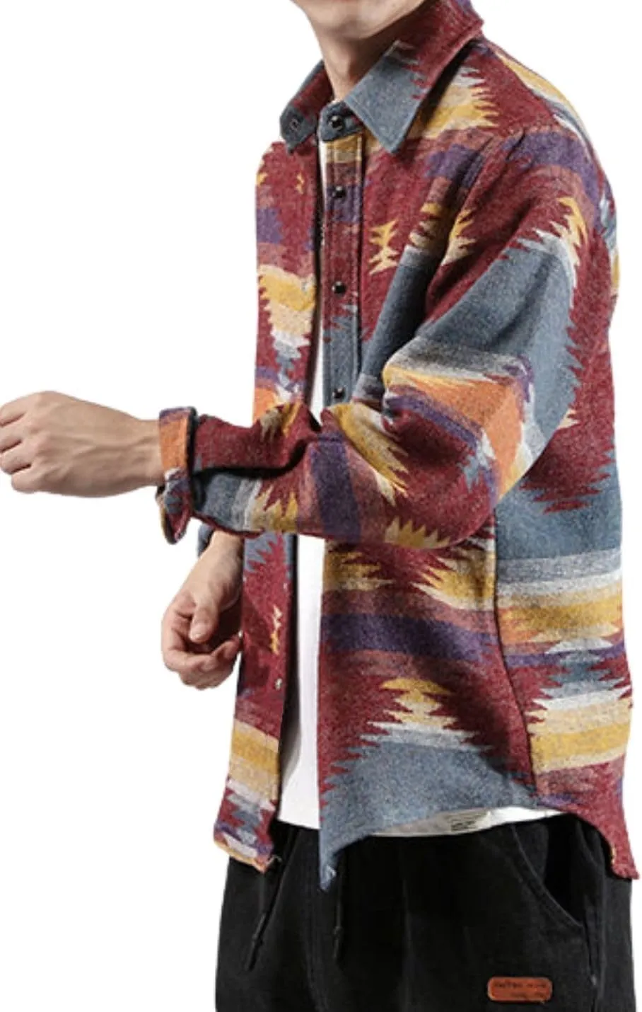 FindThy Men’s Brushed Flannel Shirts Ethnic Aztec Print Button Up Lapel Tribal Shirt Jacket Shacket