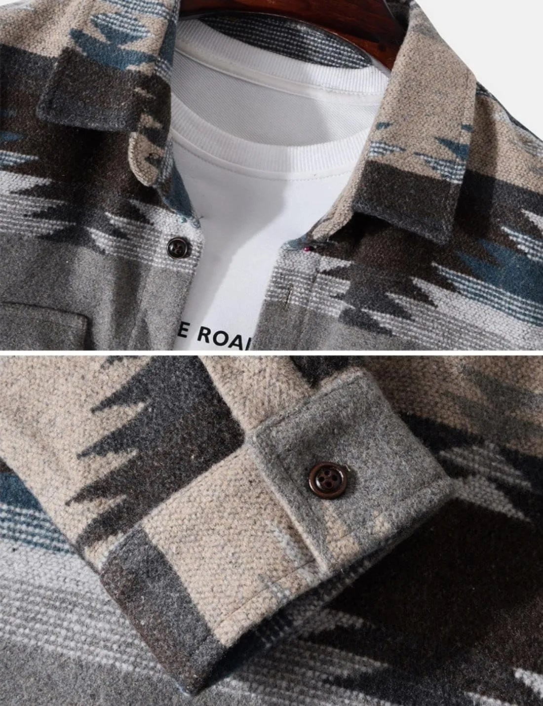 FindThy Men’s Brushed Flannel Shirts Ethnic Aztec Print Button Up Lapel Tribal Shirt Jacket Shacket