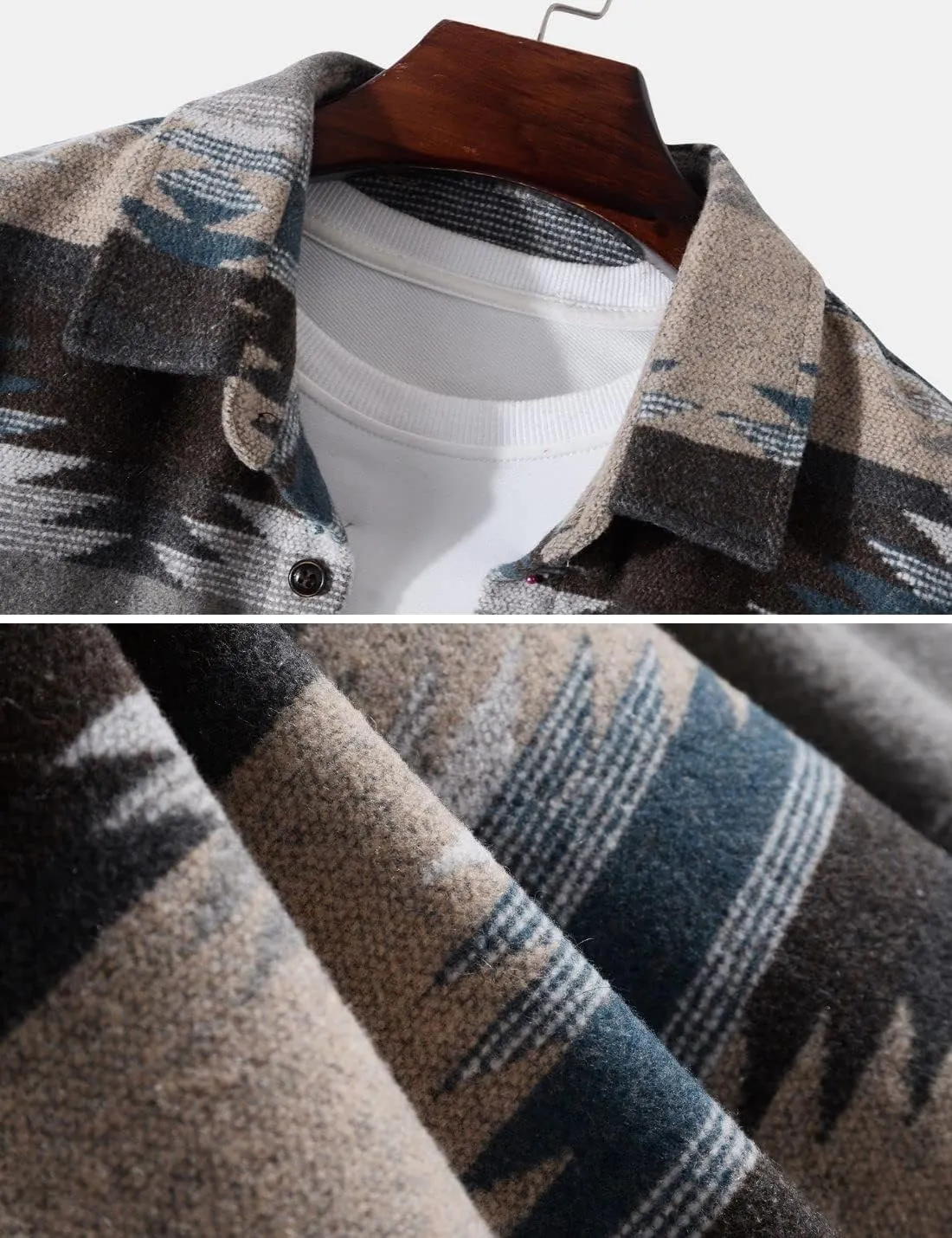 FindThy Men’s Brushed Flannel Shirts Ethnic Aztec Print Button Up Lapel Tribal Shirt Jacket Shacket