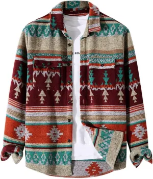 FindThy Men’s Brushed Flannel Shirts Ethnic Aztec Print Button Up Lapel Tribal Shirt Jacket Shacket
