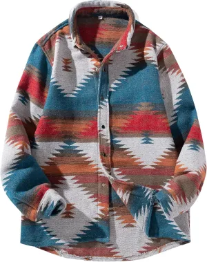 FindThy Men’s Brushed Flannel Shirts Ethnic Aztec Print Button Up Lapel Tribal Shirt Jacket Shacket