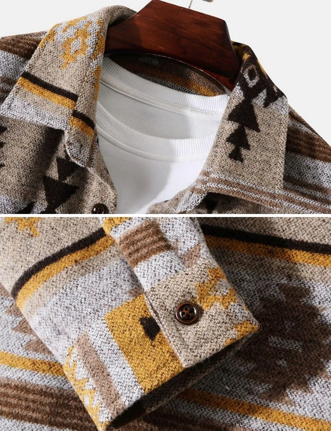FindThy Men’s Brushed Flannel Shirts Ethnic Aztec Print Button Up Lapel Tribal Shirt Jacket Shacket