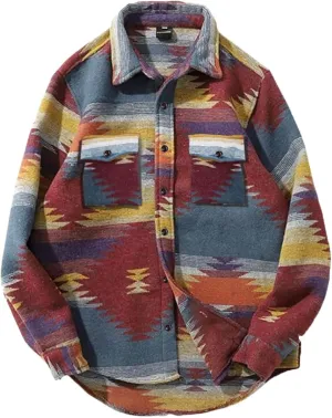 FindThy Men’s Brushed Flannel Shirts Ethnic Aztec Print Button Up Lapel Tribal Shirt Jacket Shacket