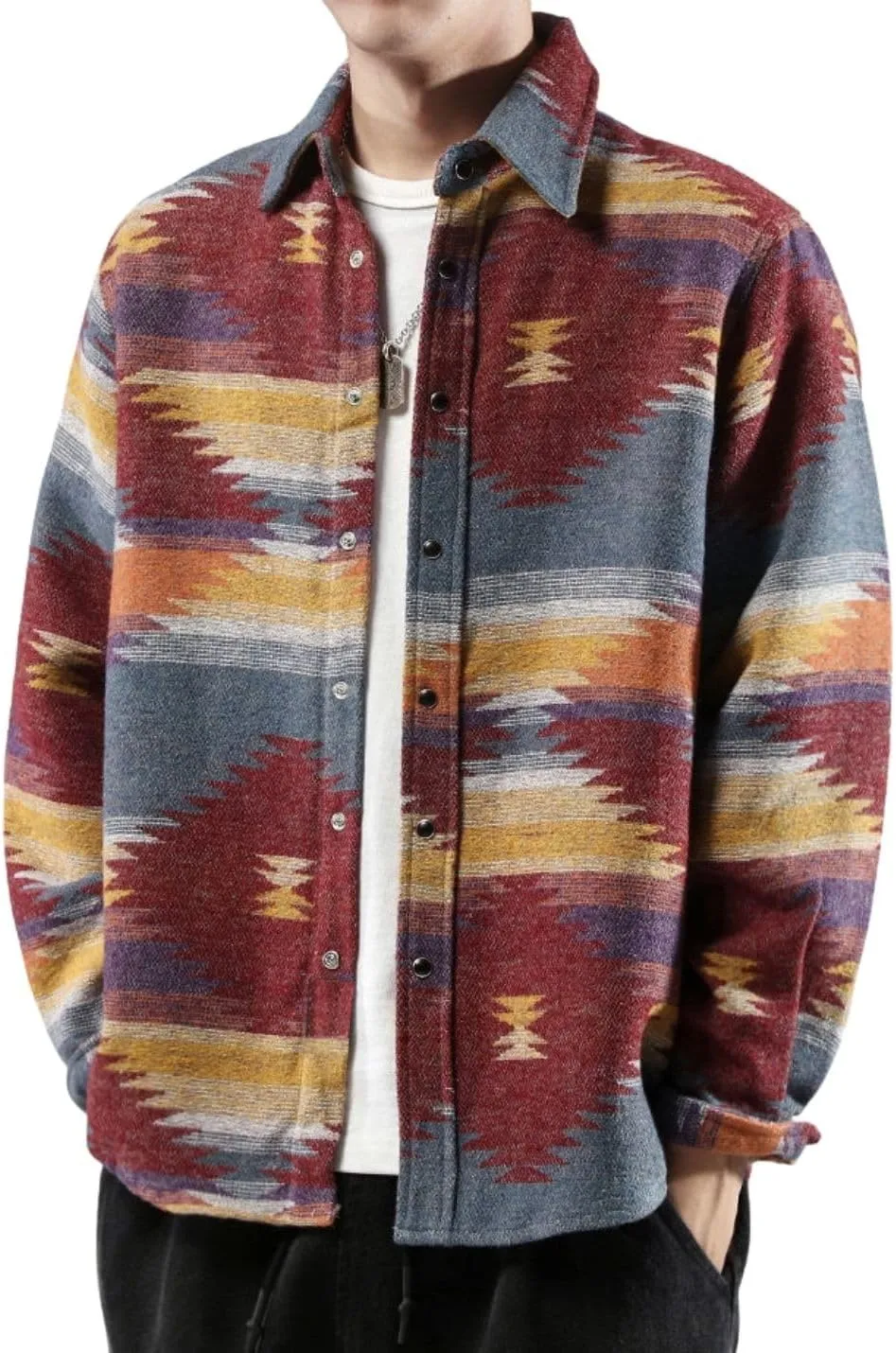 FindThy Men’s Brushed Flannel Shirts Ethnic Aztec Print Button Up Lapel Tribal Shirt Jacket Shacket