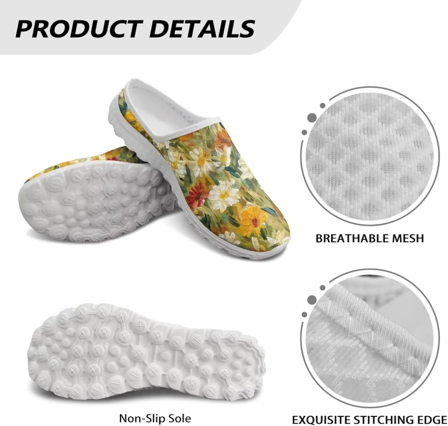 Flower Print Womens Garden Shoes Casual Flats Mules Sneaker Classic Work Loafers with Arch Support US 6-13.5