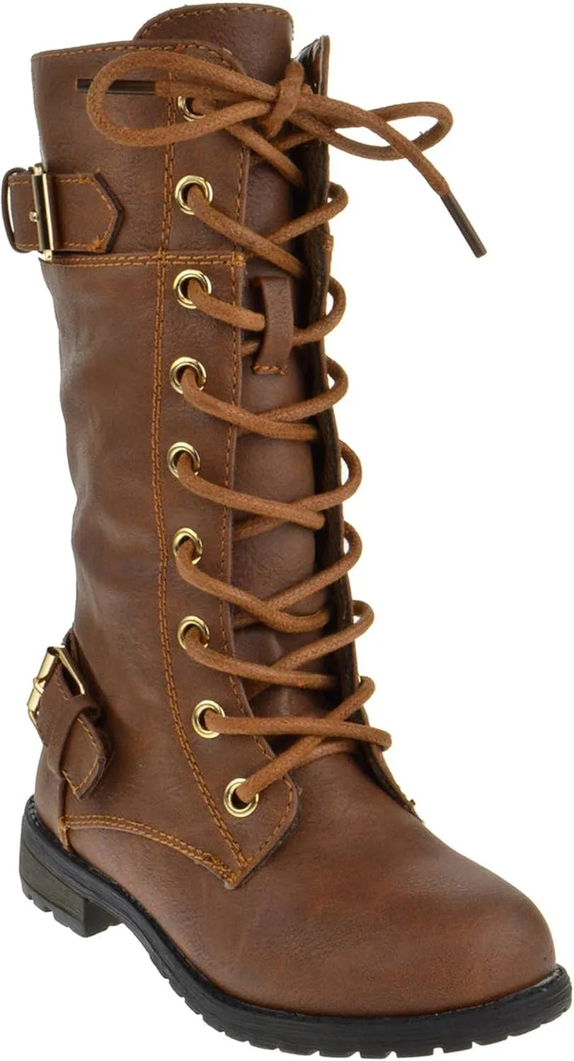 Forever Kid's Girls Knee High Lace Up Zipper Combat Riding Boots