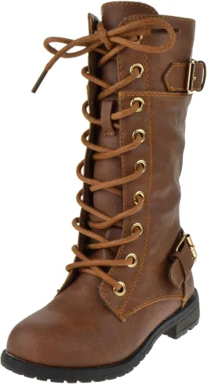 Forever Kid's Girls Knee High Lace Up Zipper Combat Riding Boots