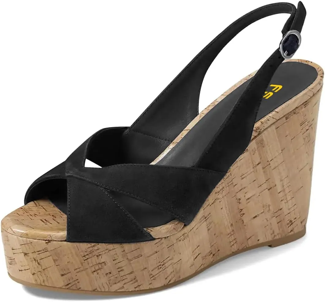 FOWT Women Cork Wedge High Heel Sandals Round Peep Toe Platform Slingbacks Slip on Summer Shoes Size 4-16 US