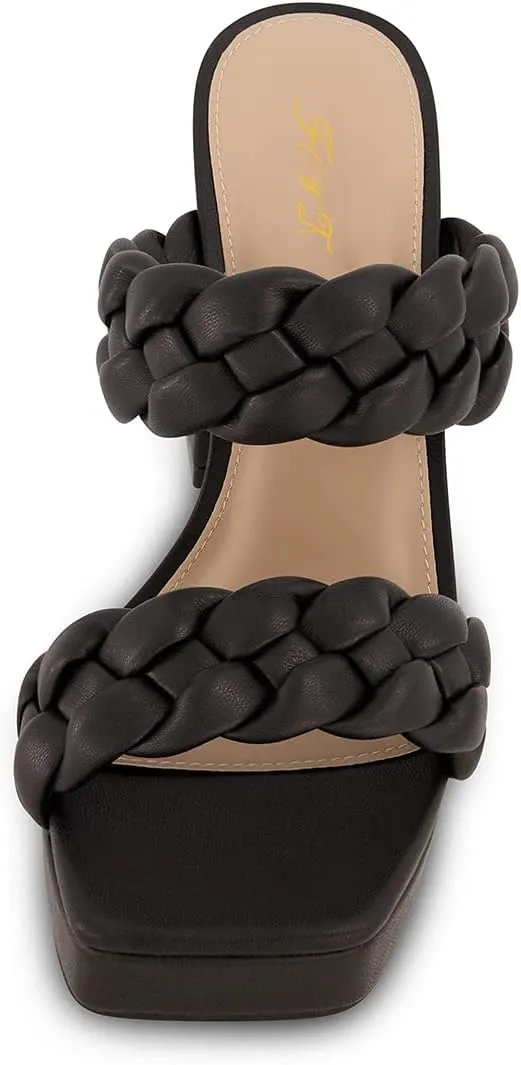 FOWT Women Platform Open Toe Mules Braided Straps Chunky High Heel Sandals Slip on Casual Slippers Outdoor Dressy Shoes Size 4-15 US