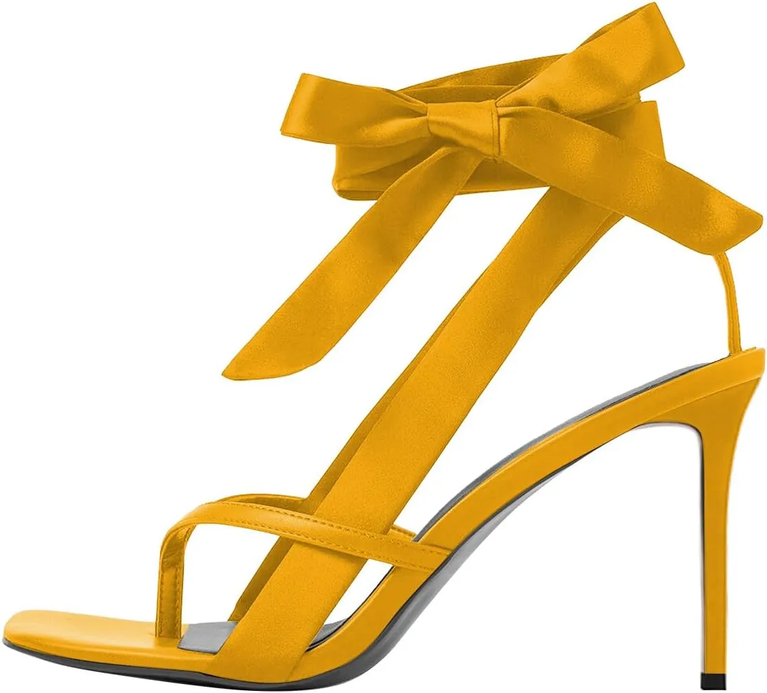 FOWT Women Sqaure Split Toe Sandals Ankle Strap Stiletto High Heels Bow Sexy Dressy Summer Party Shoes Size 4-16 US