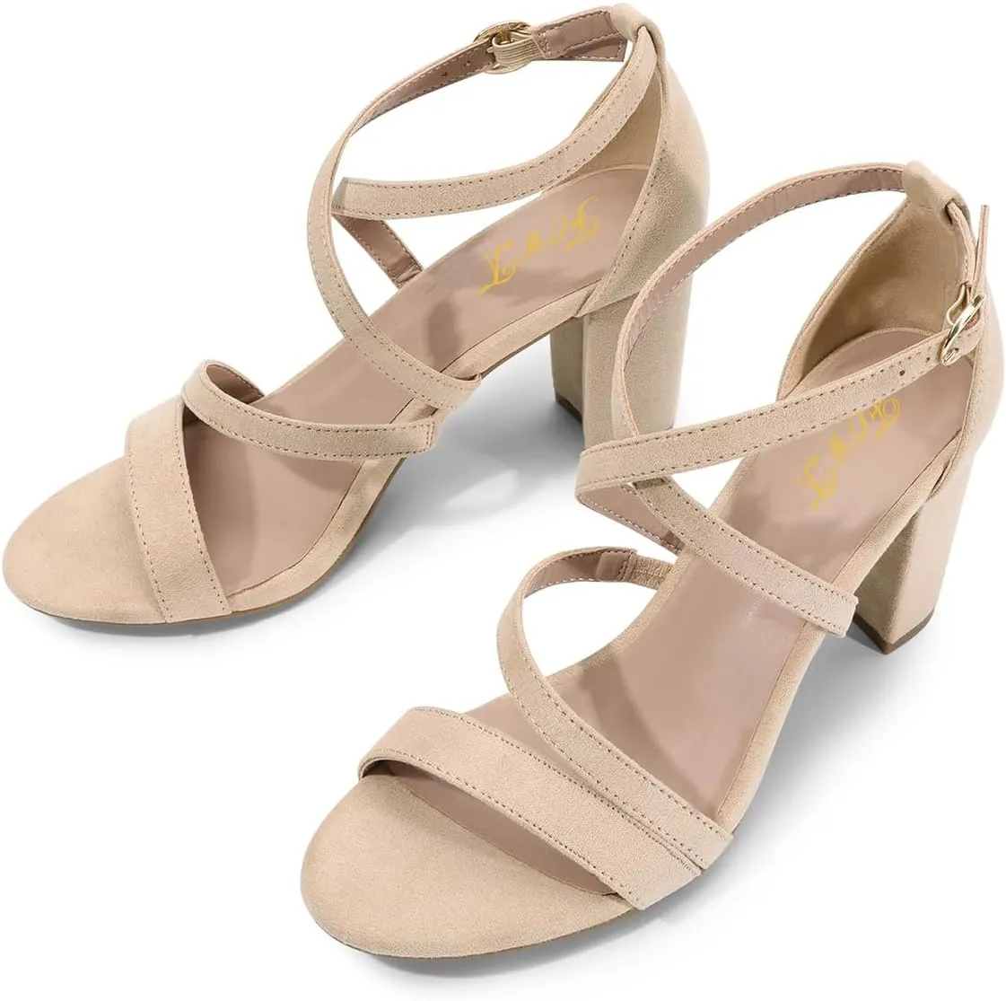 FOWT Women Strappy Open Toe Sandals Chunky Block Mid Heels Cross Strap Elegant Prom Dance Shoes Size 4-15 US