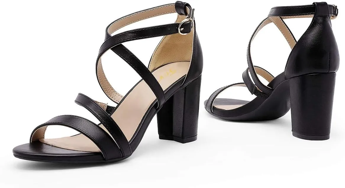 FOWT Women Strappy Open Toe Sandals Chunky Block Mid Heels Cross Strap Elegant Prom Dance Shoes Size 4-15 US