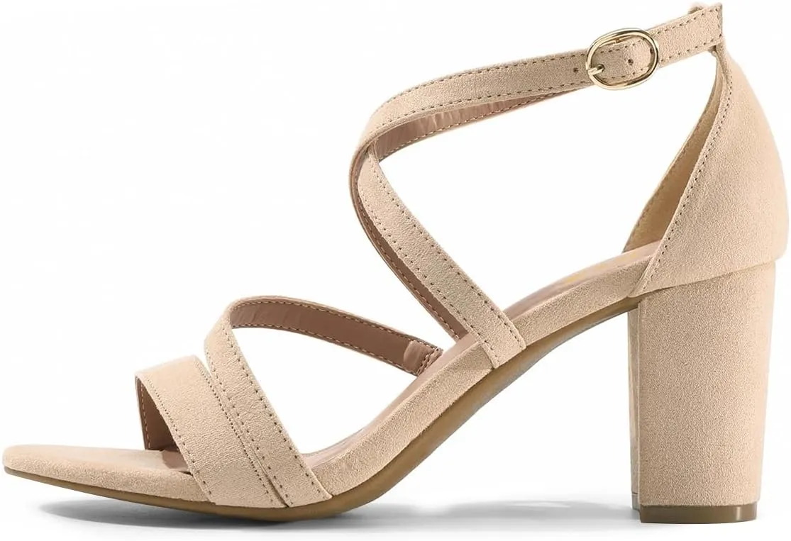FOWT Women Strappy Open Toe Sandals Chunky Block Mid Heels Cross Strap Elegant Prom Dance Shoes Size 4-15 US