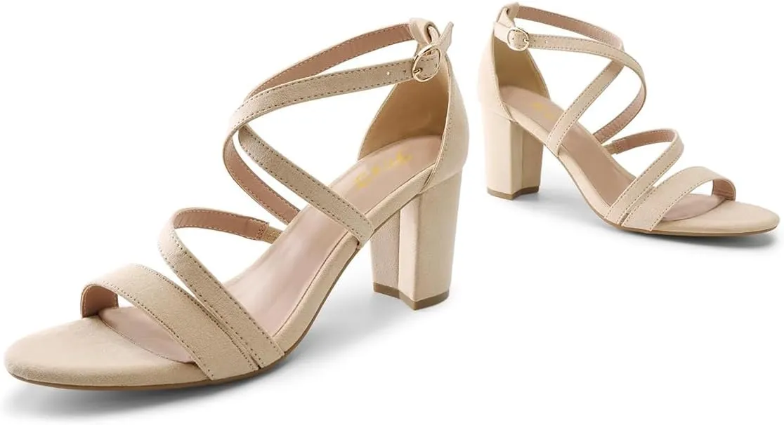 FOWT Women Strappy Open Toe Sandals Chunky Block Mid Heels Cross Strap Elegant Prom Dance Shoes Size 4-15 US