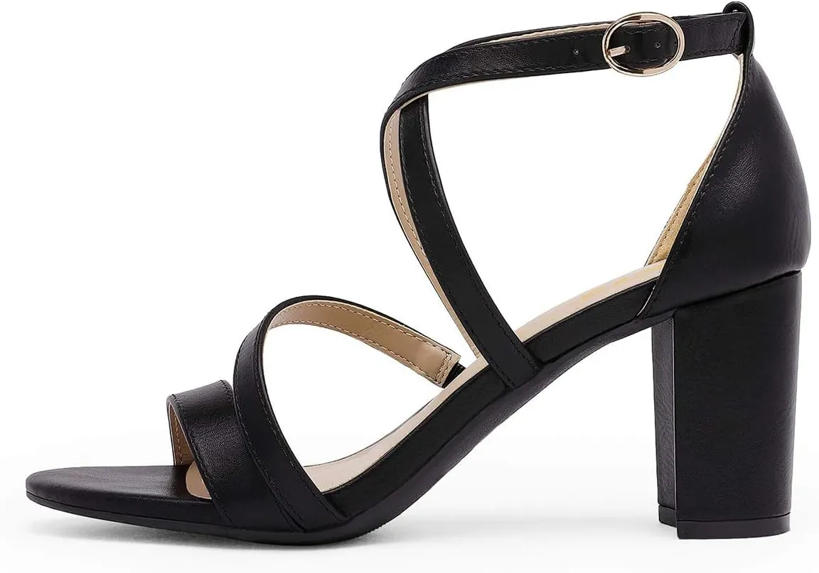 FOWT Women Strappy Open Toe Sandals Chunky Block Mid Heels Cross Strap Elegant Prom Dance Shoes Size 4-15 US