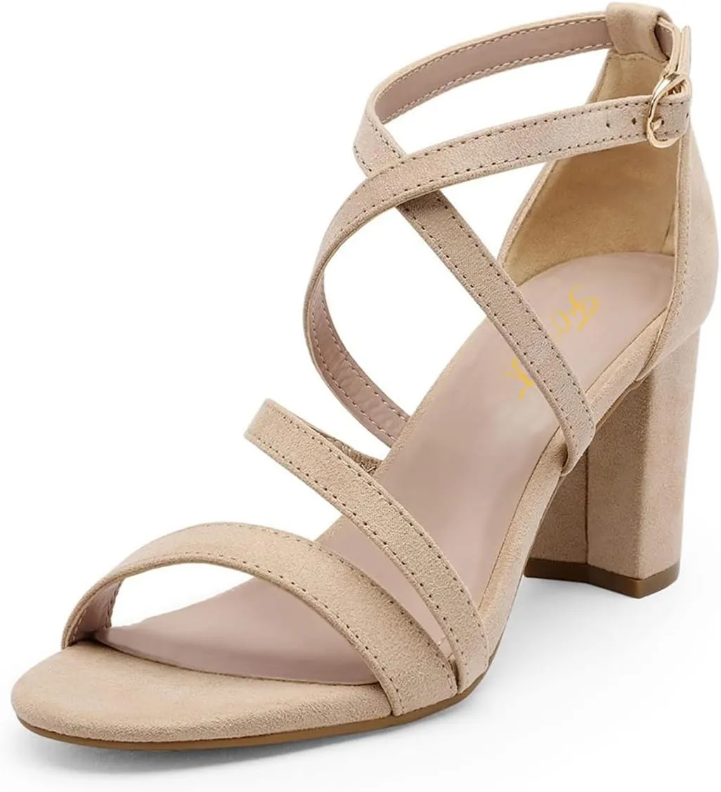 FOWT Women Strappy Open Toe Sandals Chunky Block Mid Heels Cross Strap Elegant Prom Dance Shoes Size 4-15 US