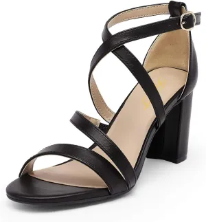 FOWT Women Strappy Open Toe Sandals Chunky Block Mid Heels Cross Strap Elegant Prom Dance Shoes Size 4-15 US